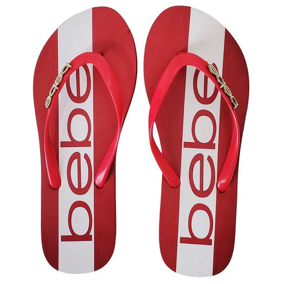 NWT BEBE AUTHENTIC TIERLA WOMEN'S WHITE RED THONG SLIP ON FLIP FLOPS SANDALS - Picture 2 of 6